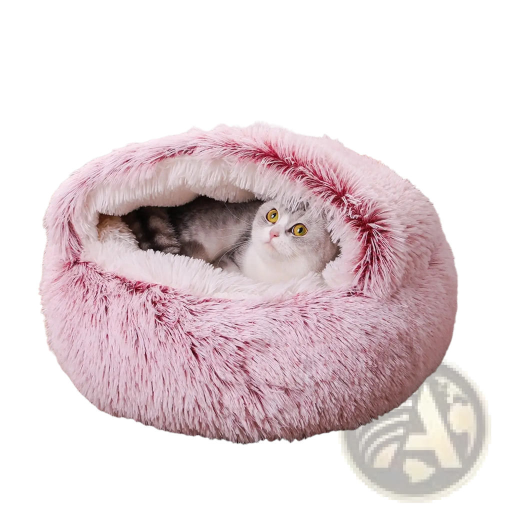 Plush round semi-enclosed cat bed with soft pink and white faux fur exterior and matching interior lining