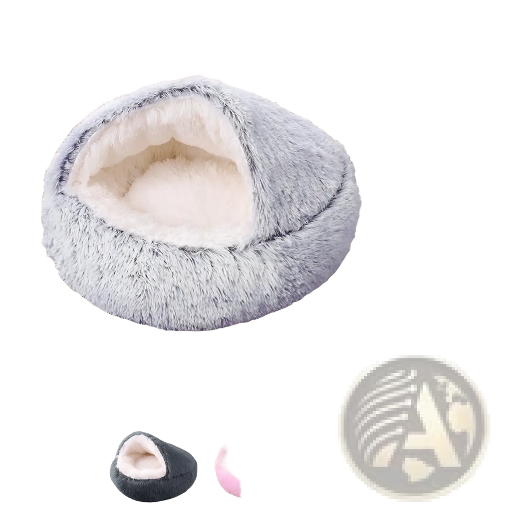 Soft gray plush round semi-enclosed cat bed with a cozy dome shape and fluffy white interior lining