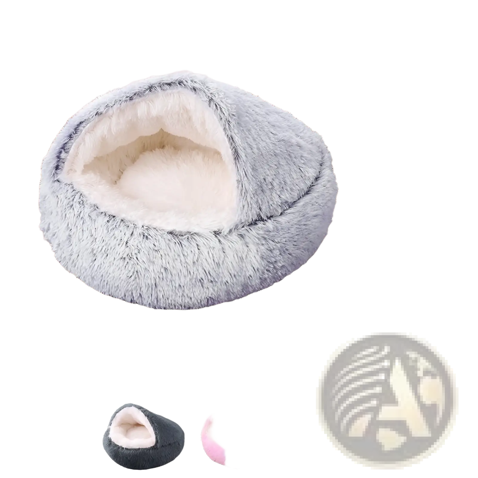 Soft gray plush round semi-enclosed cat bed with a cozy dome shape and fluffy white interior lining