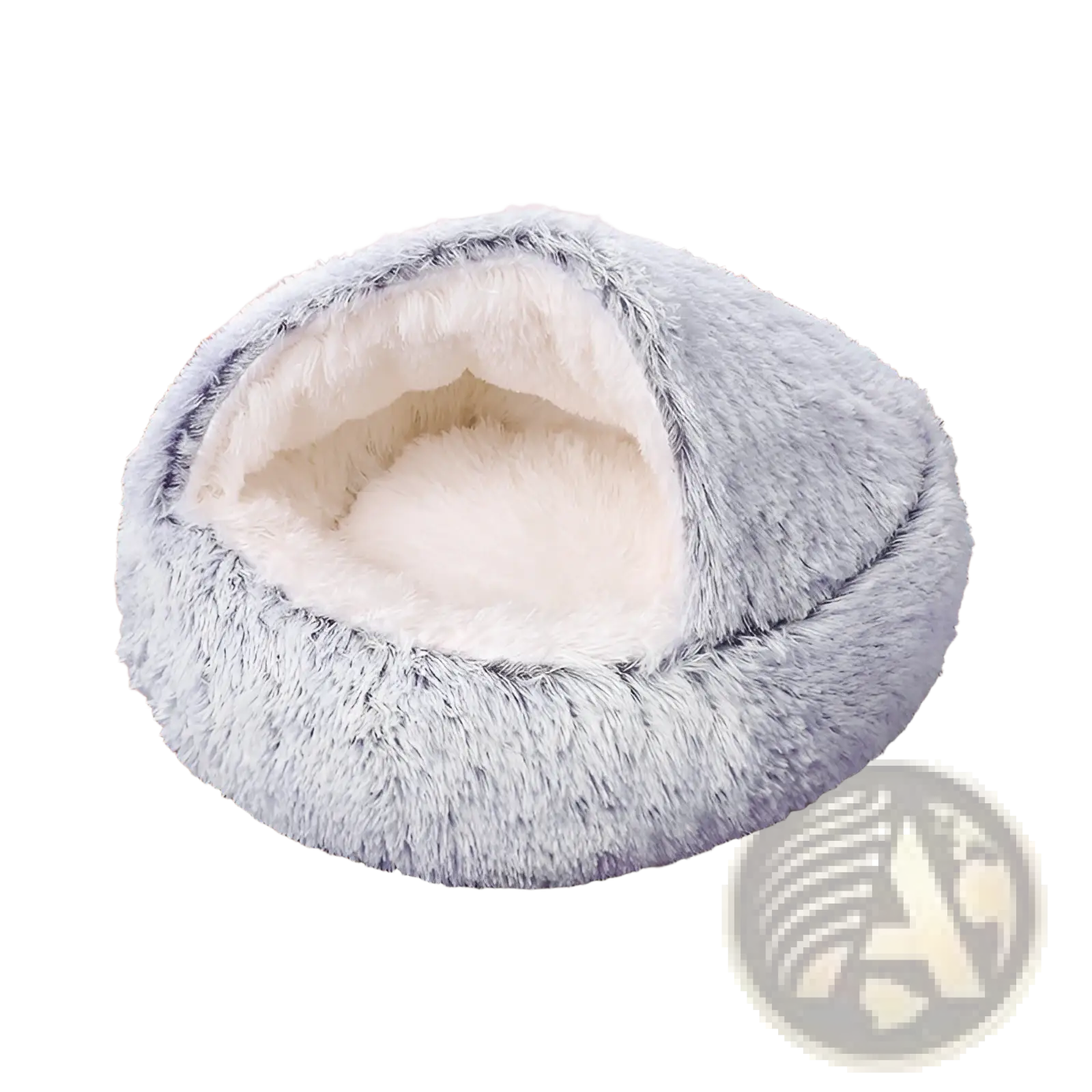 Soft gray plush round semi-enclosed cat bed with cozy white interior lining for comfortable pet resting