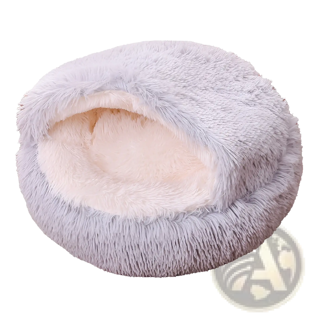 Plush round semi-enclosed cat bed in soft, plush gray and cream with a cozy rounded design for pet comfort