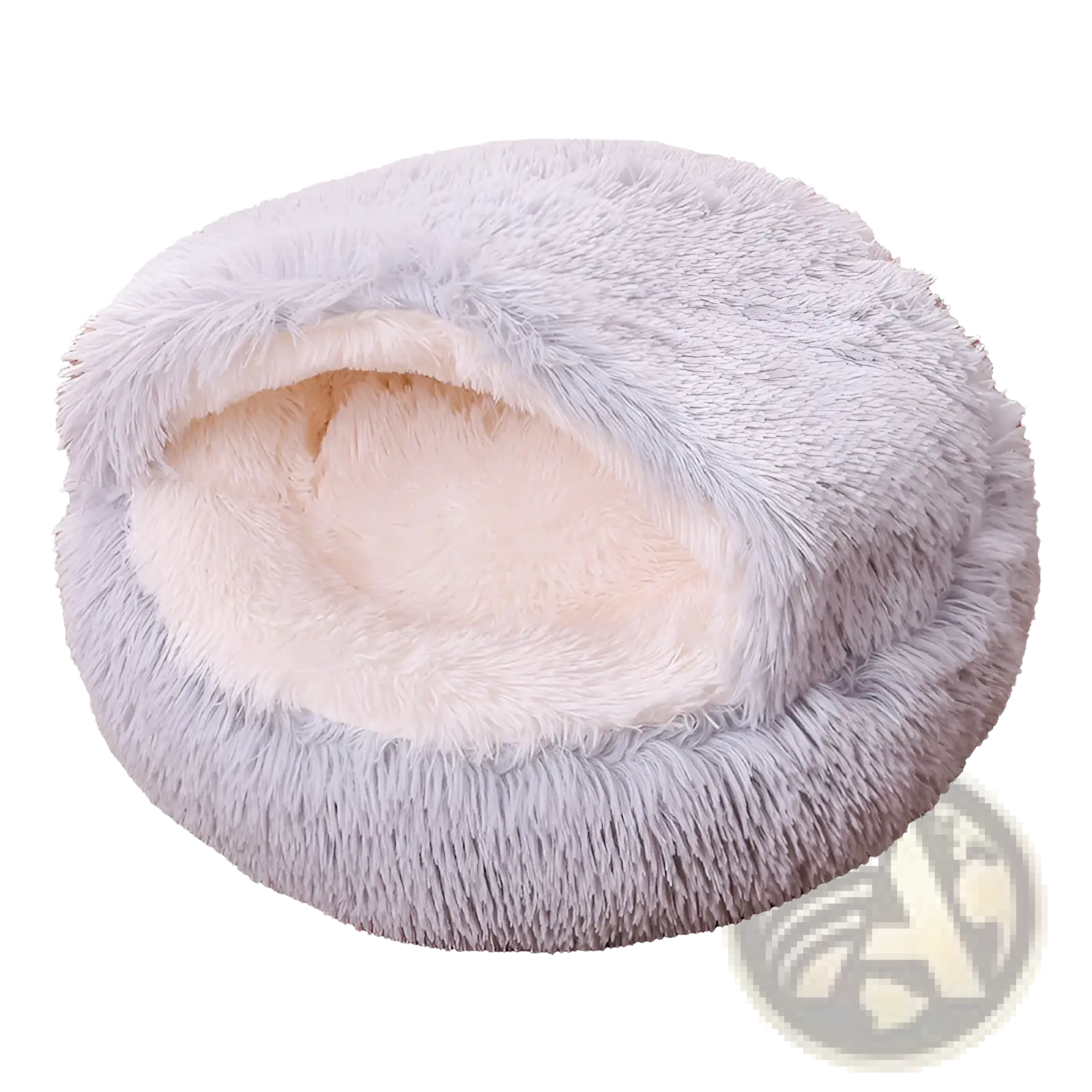 Plush round semi-enclosed cat bed in soft, plush gray and cream with a cozy rounded design for pet comfort