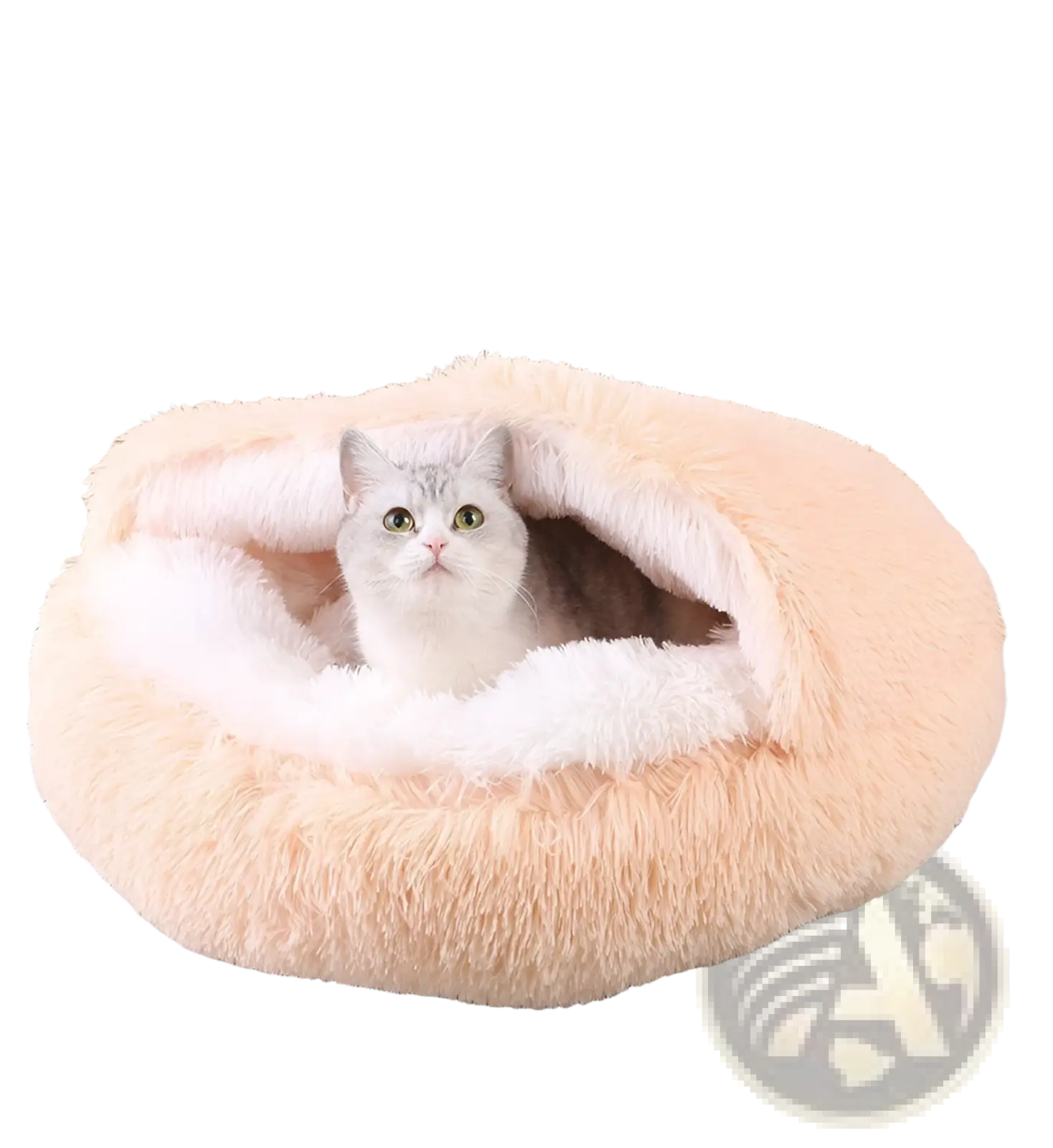 Plush round semi-enclosed cat bed in soft peach with a plush fabric and cozy white interior lining for comfort