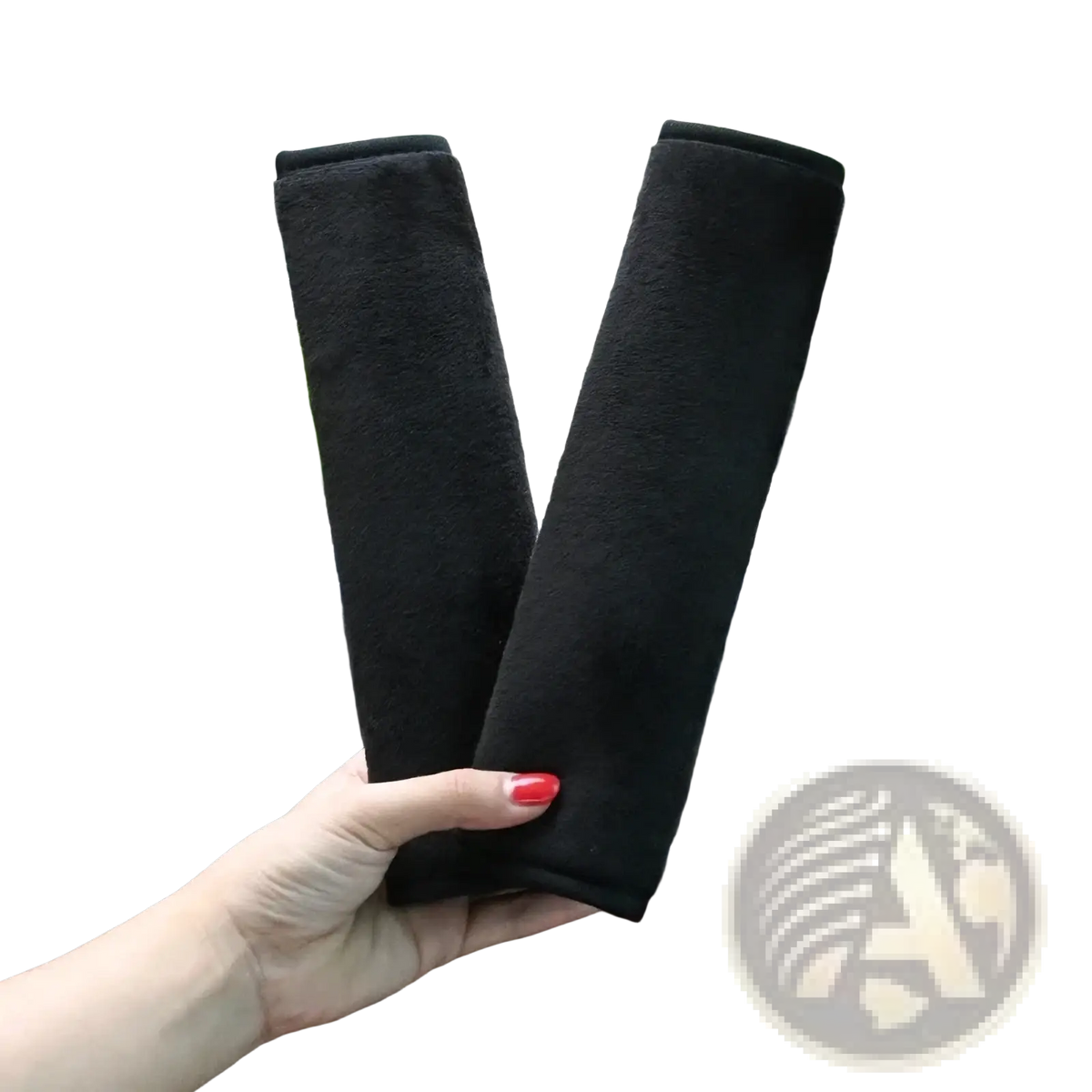 Black plush seat belt shoulder pads made of soft material for comfortable car use shown from the back side