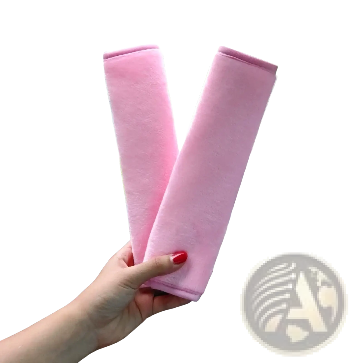 Pink plush car seat belt protectors made of soft material for comfortable shoulder padding in black and pink colors