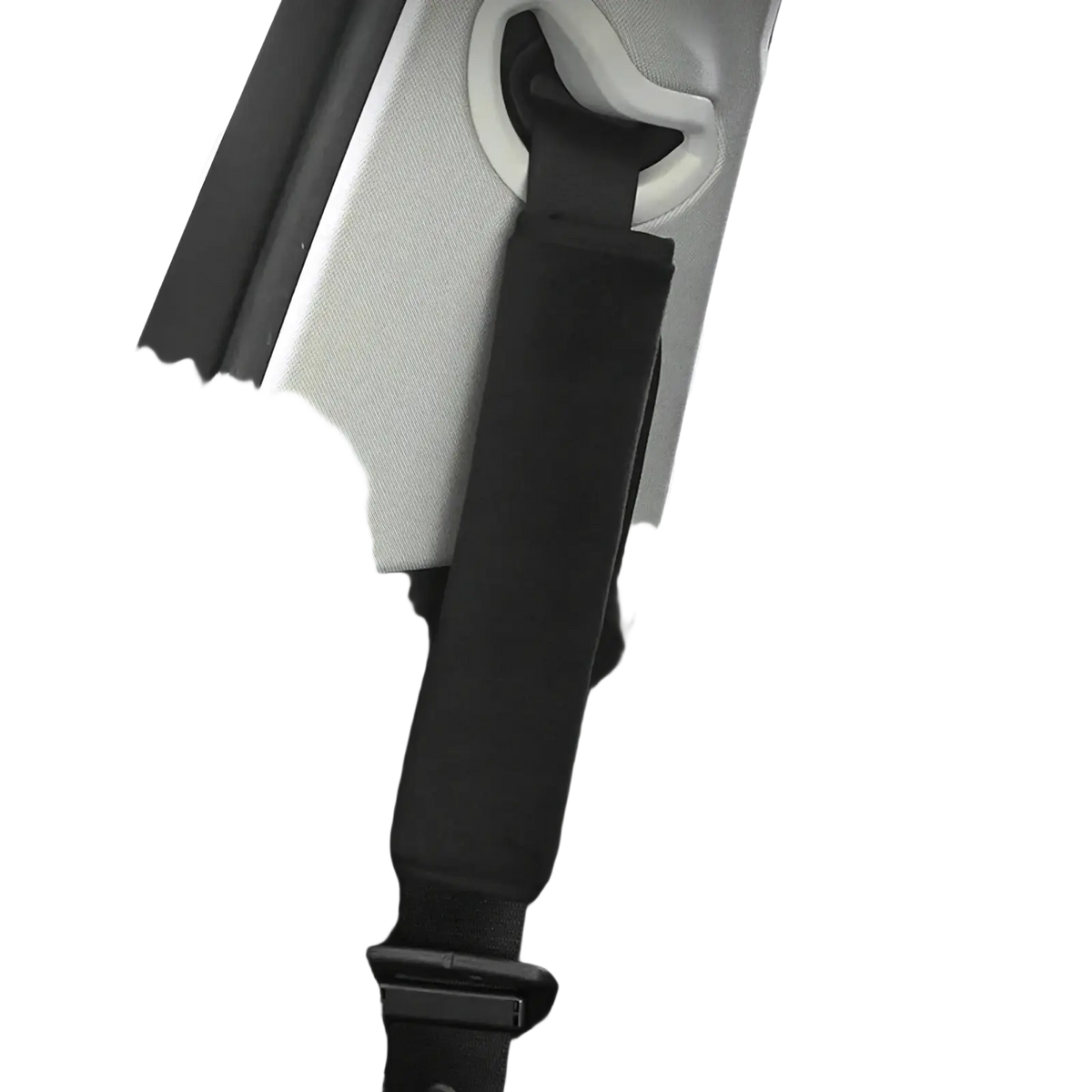 Plush seat belt cover in black fabric with padded design and white plastic buckle attachment for car shoulder pads