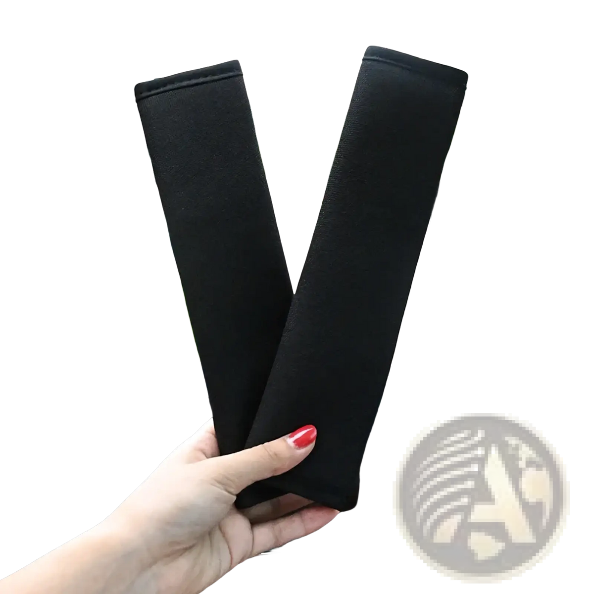 Black plush fabric car seat belt cover designed as a shoulder pad for car seat comfort and protection