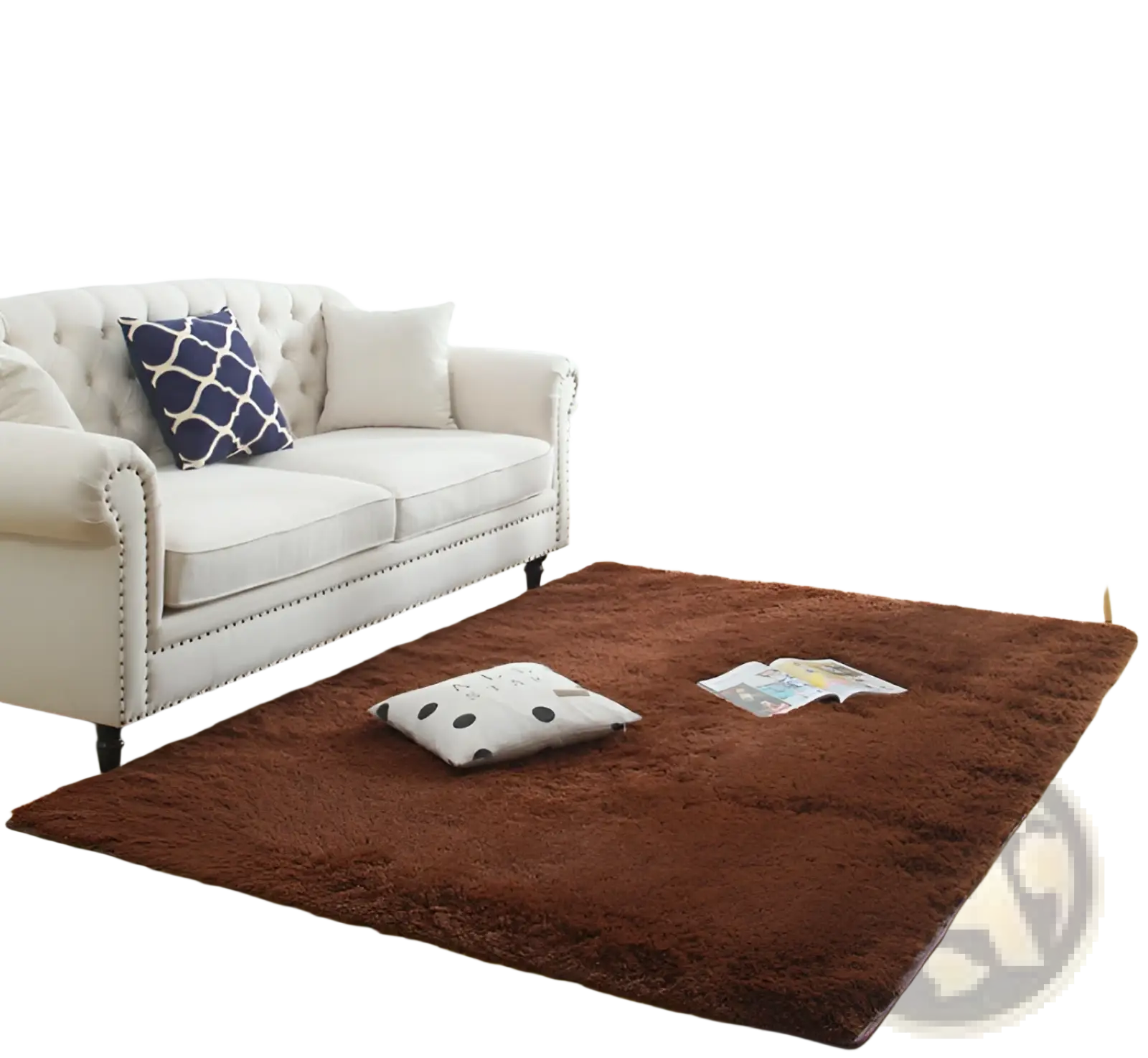 Brown plush rectangular area rug with soft shaggy texture made of machine washable faux fur carpet