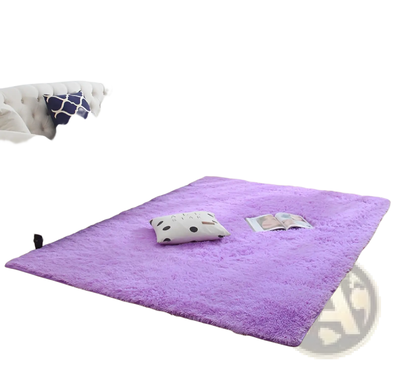 A plush vibrant purple rectangular machine washable shaggy rug with soft faux fur texture on a wooden floor