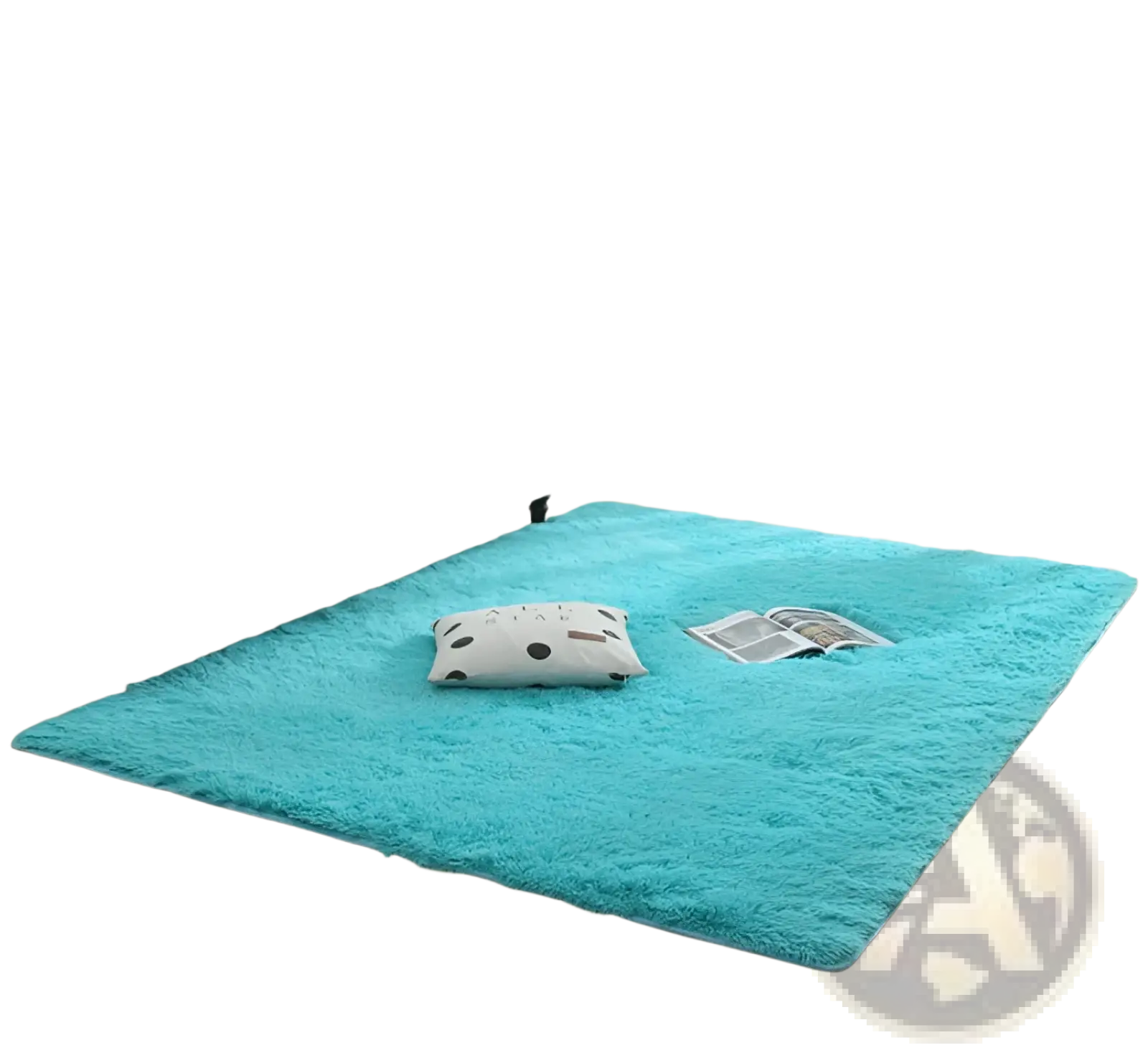 A plush turquoise shaggy area rug with soft fluffy texture and slightly raised edges made of faux fur carpet