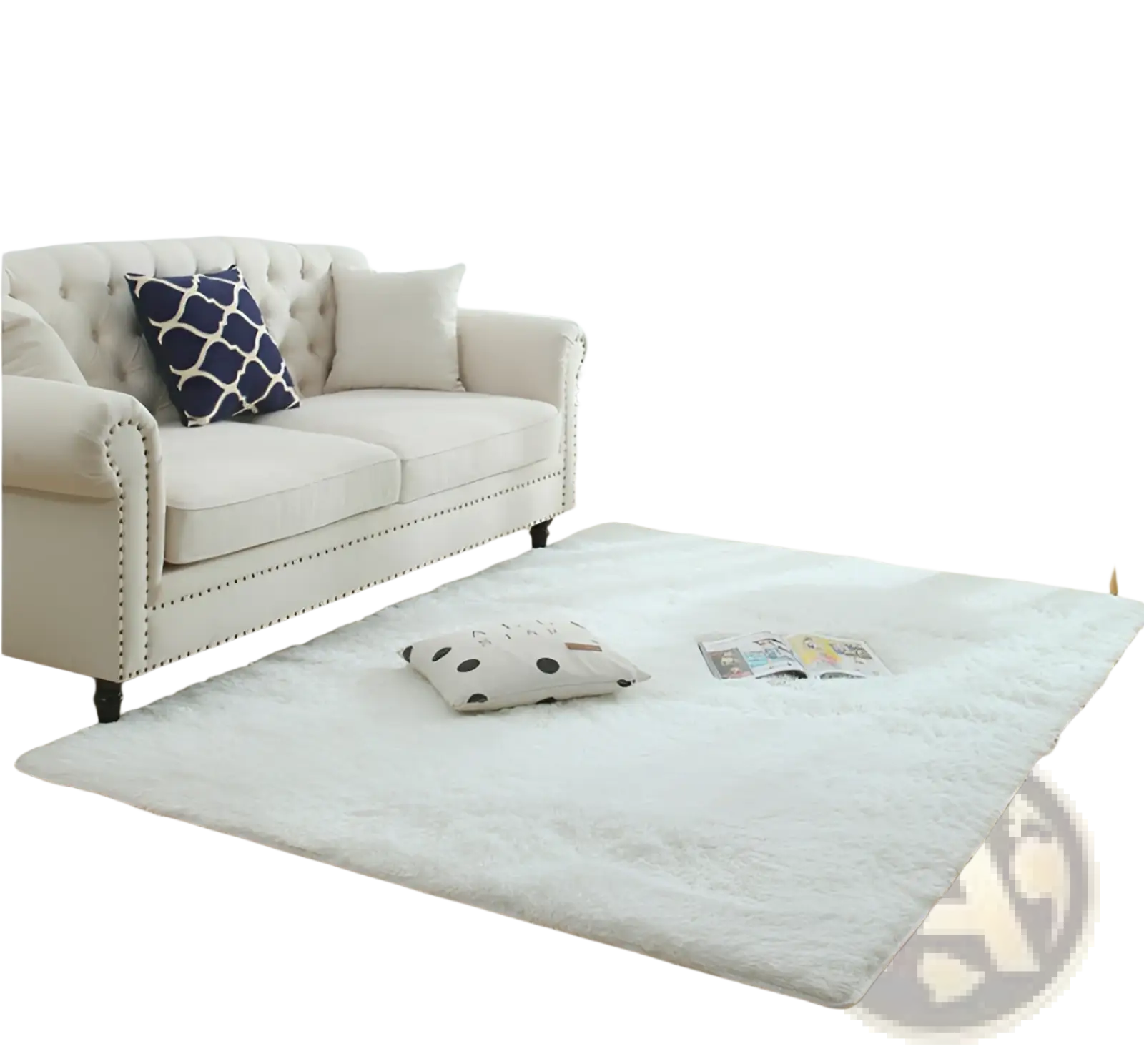 White fluffy rectangular plush shaggy rug with soft faux fur texture and slightly raised edges machine washable