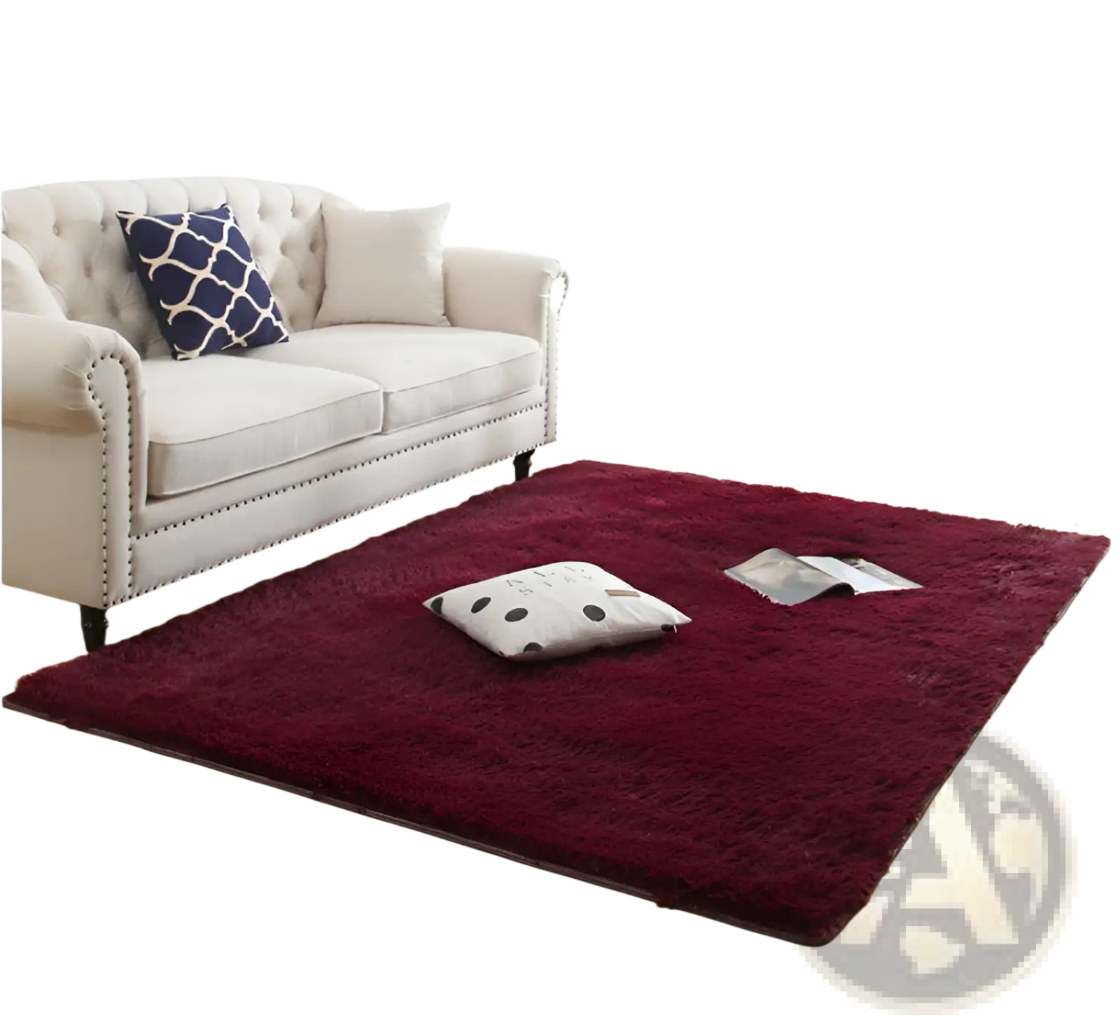 A plush shaggy rug machine washable soft faux fur carpet in deep burgundy with a soft shaggy texture