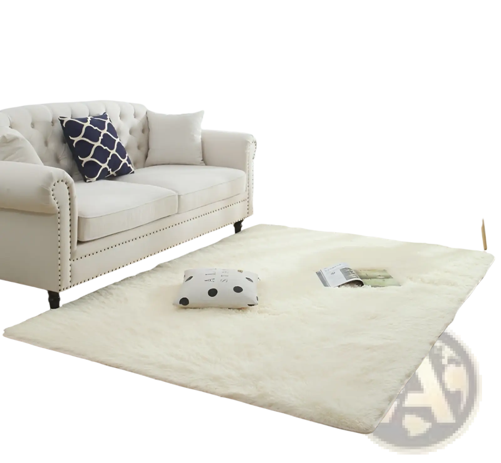 Cream-colored plush shaggy rug with soft fluffy faux fur texture and slightly frayed edges machine washable carpet