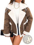 Brown shearling bomber jacket with white fur lining and gold-tone buttons designed for winter warm casual outerwear