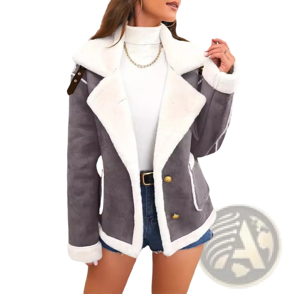 Gray shearling bomber jacket with white fur lining and gold-tone buttons for winter warm casual outerwear