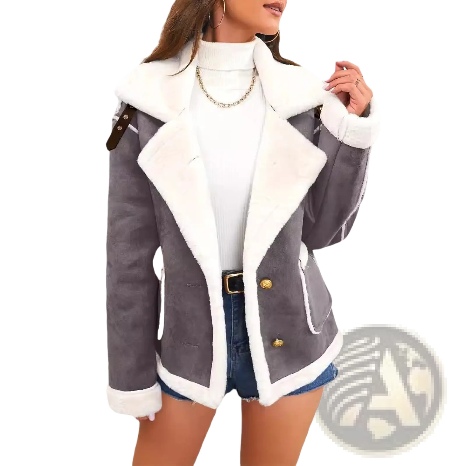 Gray shearling bomber jacket with white fur lining and gold-tone buttons for winter warm casual outerwear