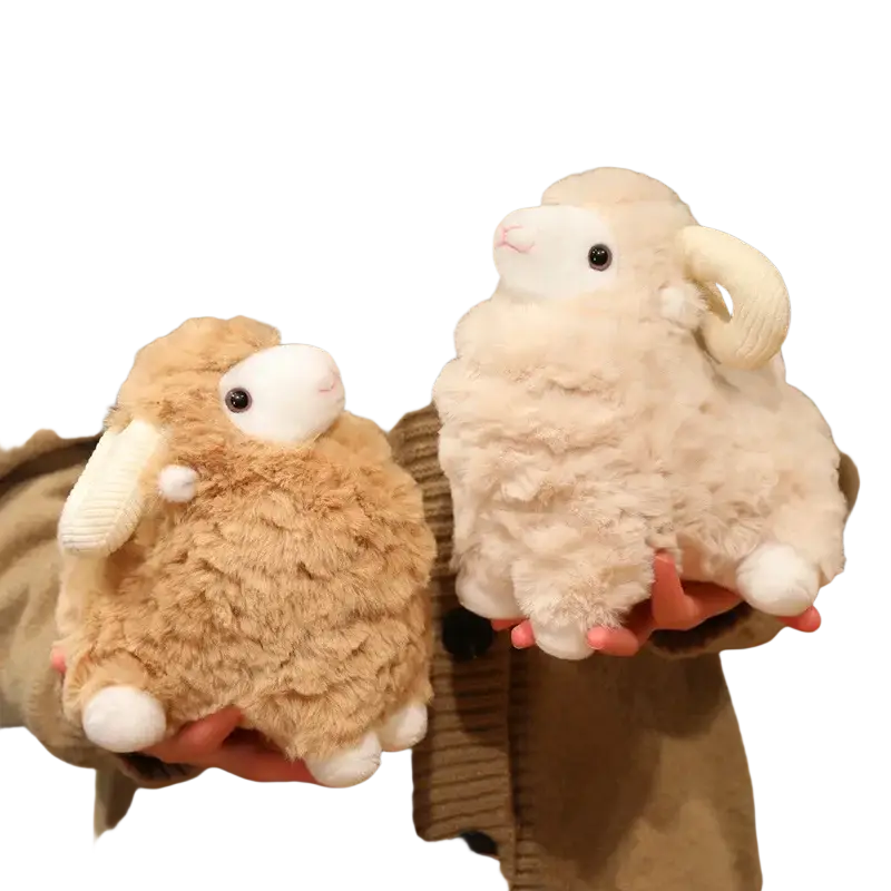 Plush sheep stuffed animal toy kawaii soft doll with fluffy beige cream wool bodies white faces paws and curved horn