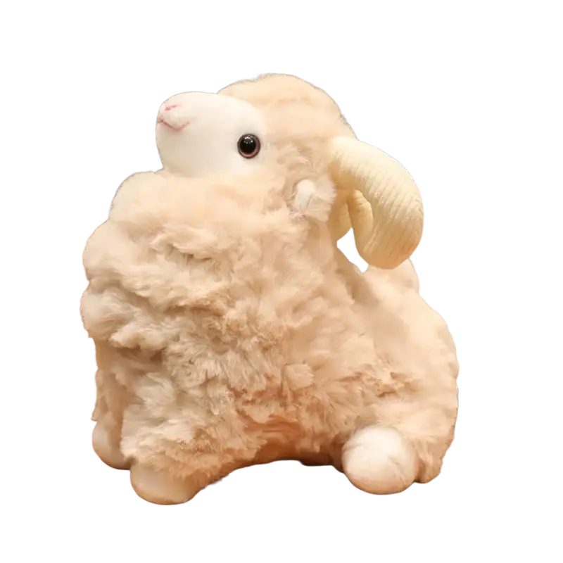 A plush sheep stuffed animal toy with creamy fluffy fur and soft white limbs in kawaii soft doll style