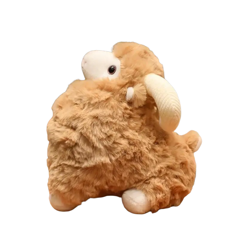Plush sheep stuffed animal toy with fluffy tan body, white face, hooves, and soft curved horns in kawaii style