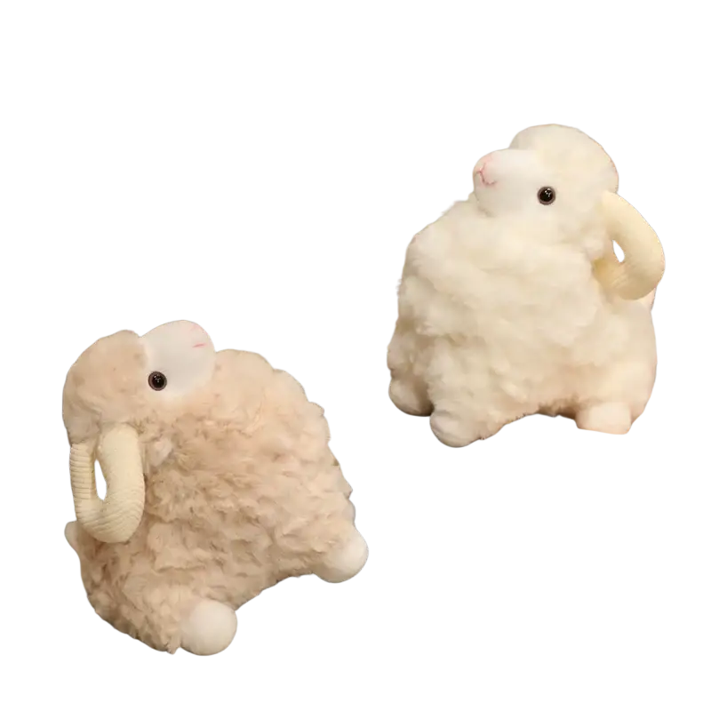Plush sheep stuffed animal toy with fluffy white curly wool and soft fabric featuring curved horns kawaii soft doll