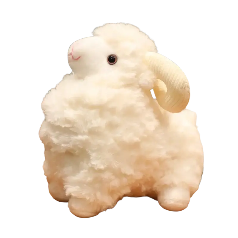 Plush sheep stuffed animal toy with fluffy white wool and cream-colored curved horns soft kawaii doll