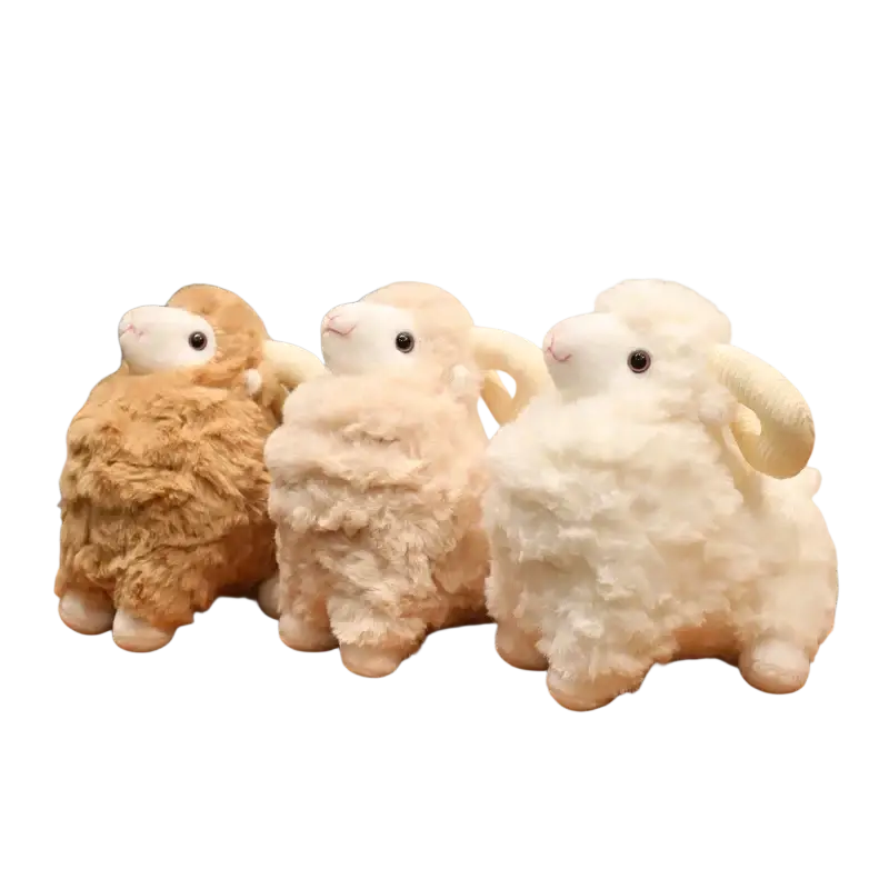 Three plush sheep stuffed animal toys with fluffy textured wool in beige cream and white soft kawaii dolls