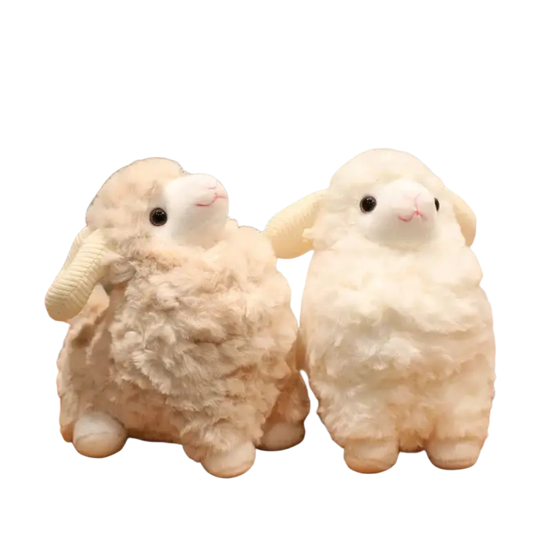 Two plush sheep stuffed animal toys with fluffy white and cream woolly bodies and soft rounded ears