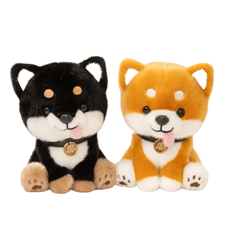Plush Shiba Inu dog stuffed animal toys featuring adorable black white tan and orange white colors with gold tags