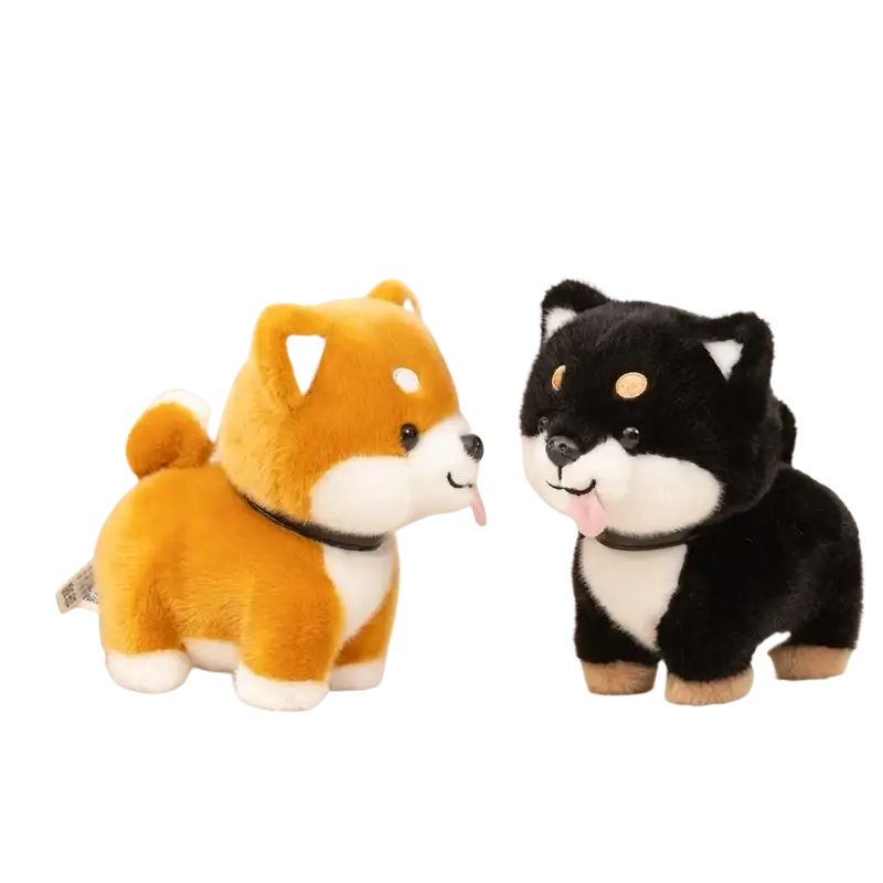 Plush shiba inu dog stuffed animal toy featuring two adorable dolls in warm orange and sleek black colors with soft fabric