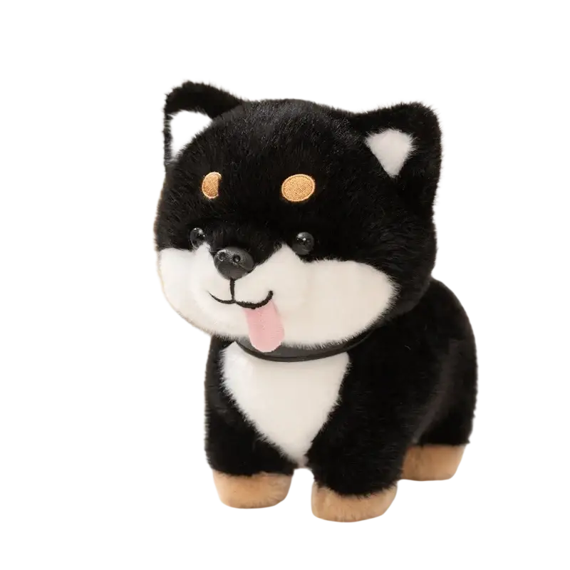 Plush shiba inu dog stuffed animal toy featuring an adorable black and white design with tan accents on paws ears and eyes