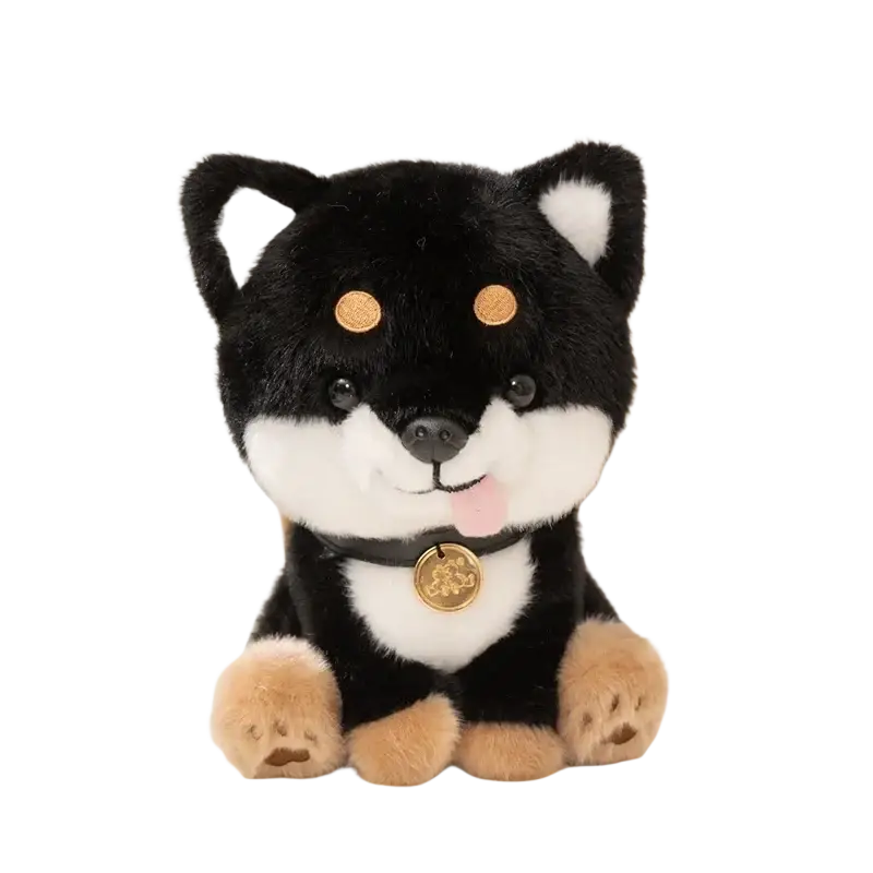 Adorable black and white shiba inu plush toy with tan paws gold button eyes pink tongue and golden collar tag
