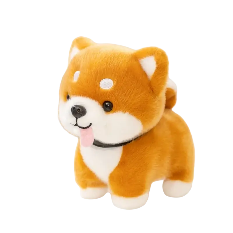 Plush shiba inu dog stuffed animal toy featuring an adorable orange and white design with black eyes and pink tongue