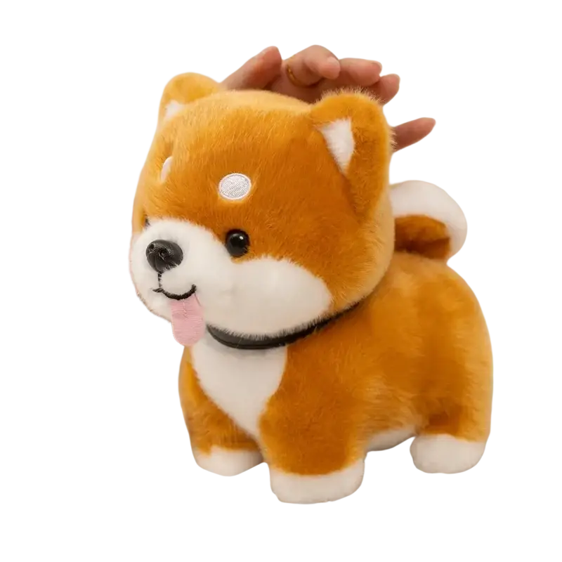 Adorable orange and white plush shiba inu dog stuffed animal with embroidered facial features and black collar