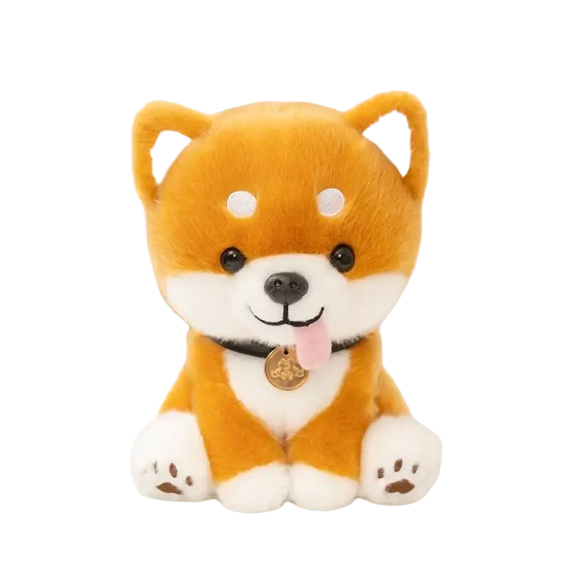 Adorable orange and white plush shiba inu stuffed animal toy with black button eyes and gold collar tag