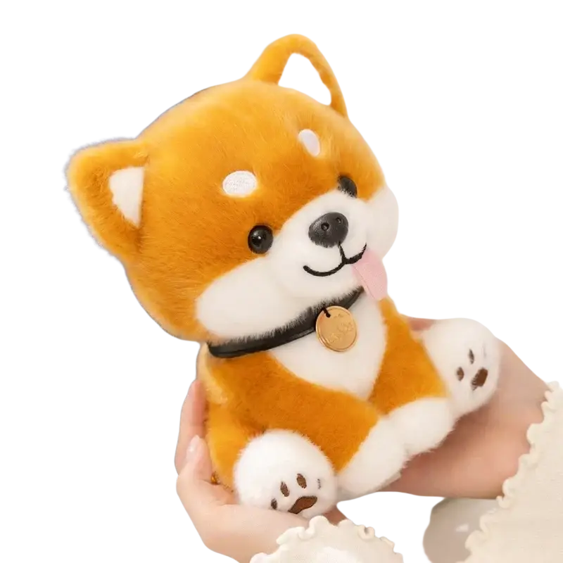 A plush orange and white shiba inu dog stuffed animal toy with black eyes, pink tongue, and gold collar tag