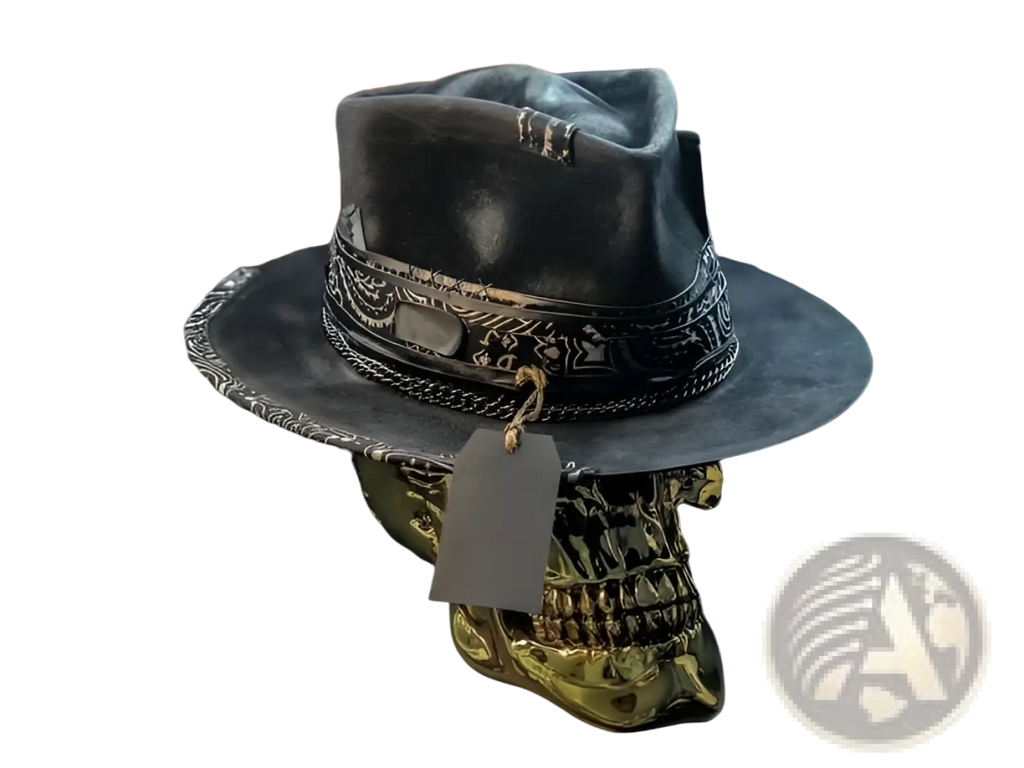 Plush skull cowboy hat in dark distressed leather with intricate silver metal detailing and decorative band