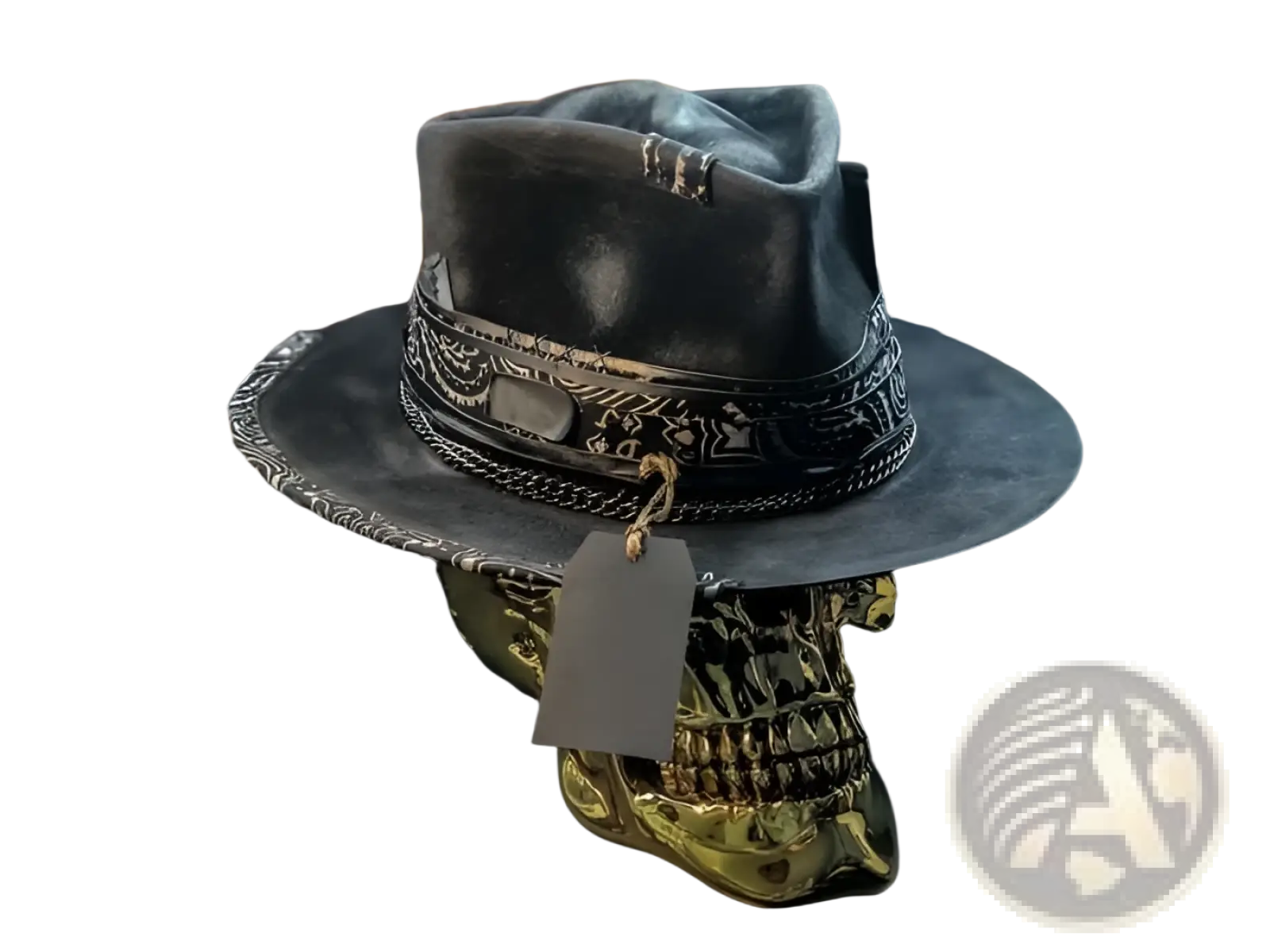 Plush skull cowboy hat in dark distressed leather with intricate silver metal detailing and decorative band