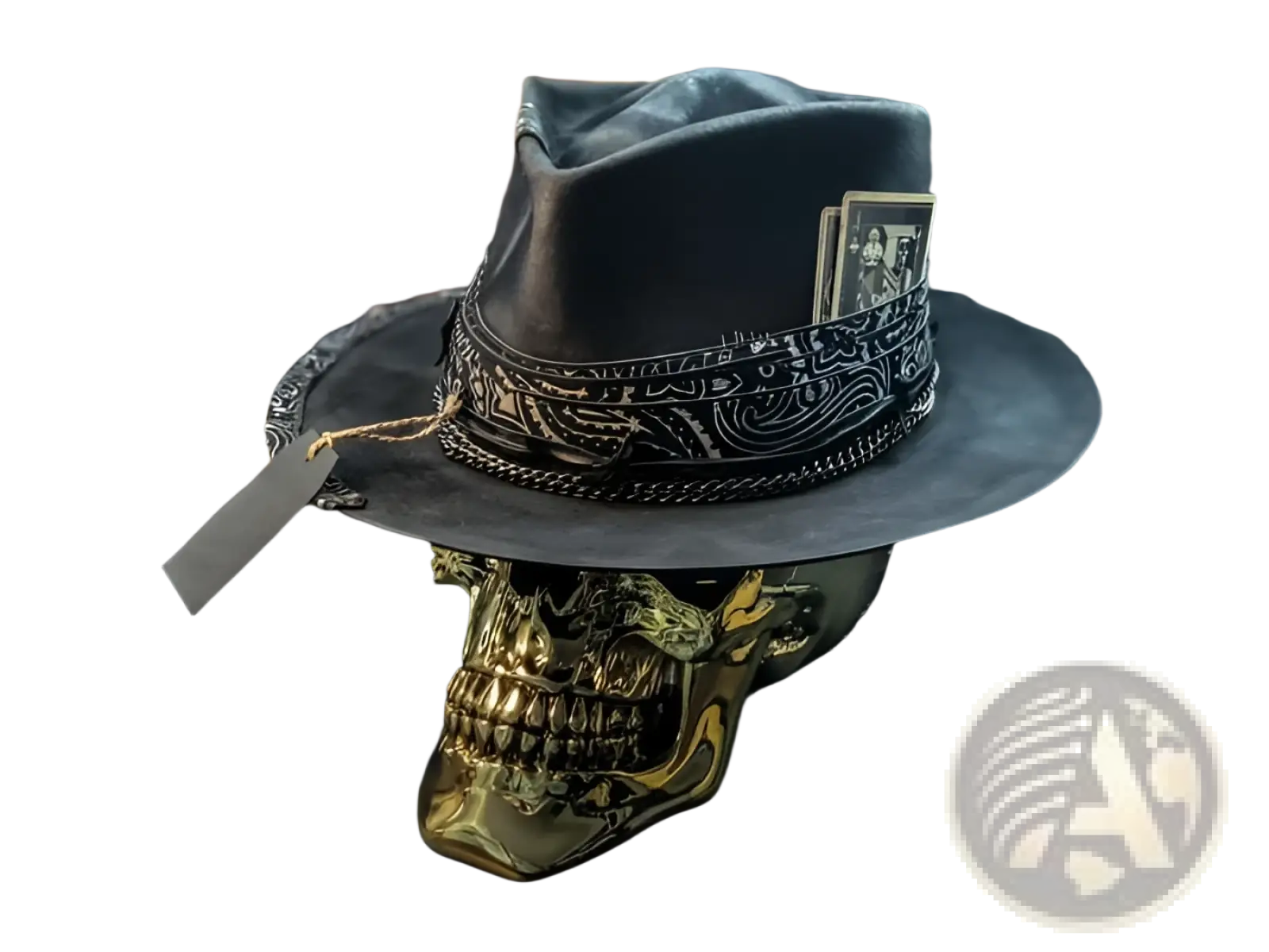 Plush skull cowboy hat black leather fedora with intricate silver tooled band and playing card accent