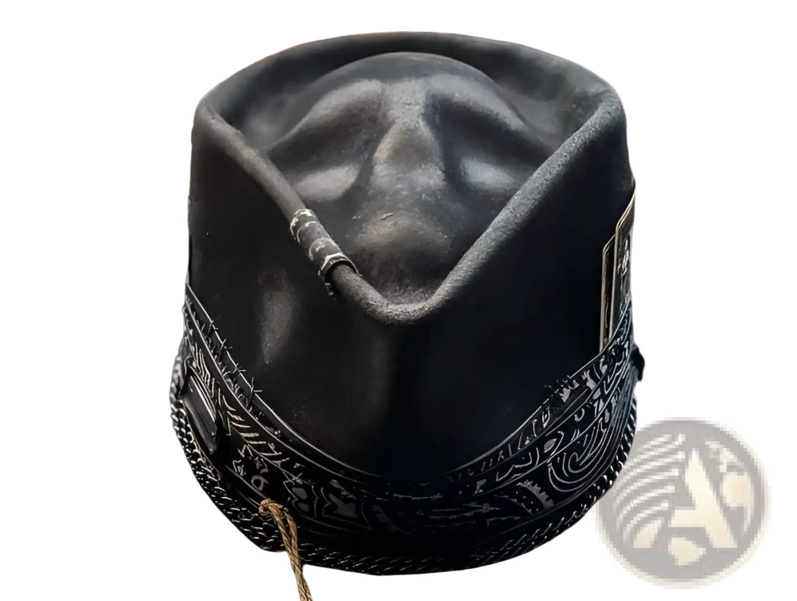 Black leather plush skull cowboy hat with intricate silver-toned embroidery and decorative band