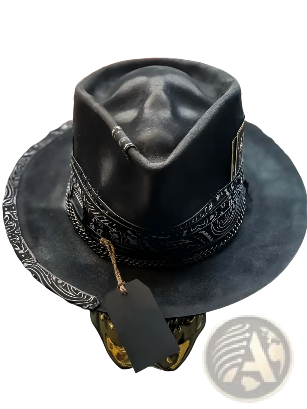 Plush skull cowboy hat made of black suede featuring an intricate silver-toned band with decorative skull detail