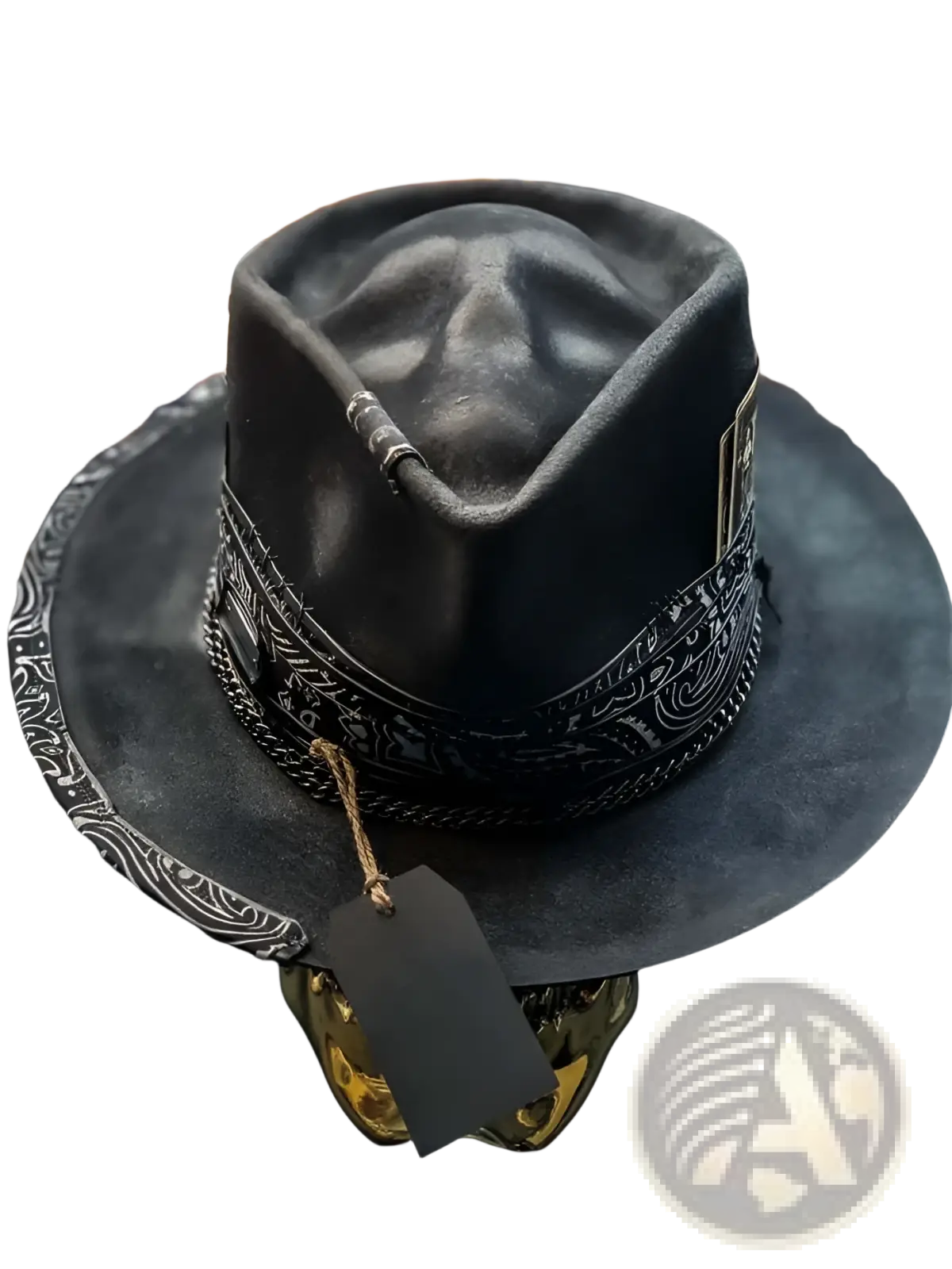 Black suede plush skull cowboy hat featuring an intricate silver-toned band with decorative skull detail
