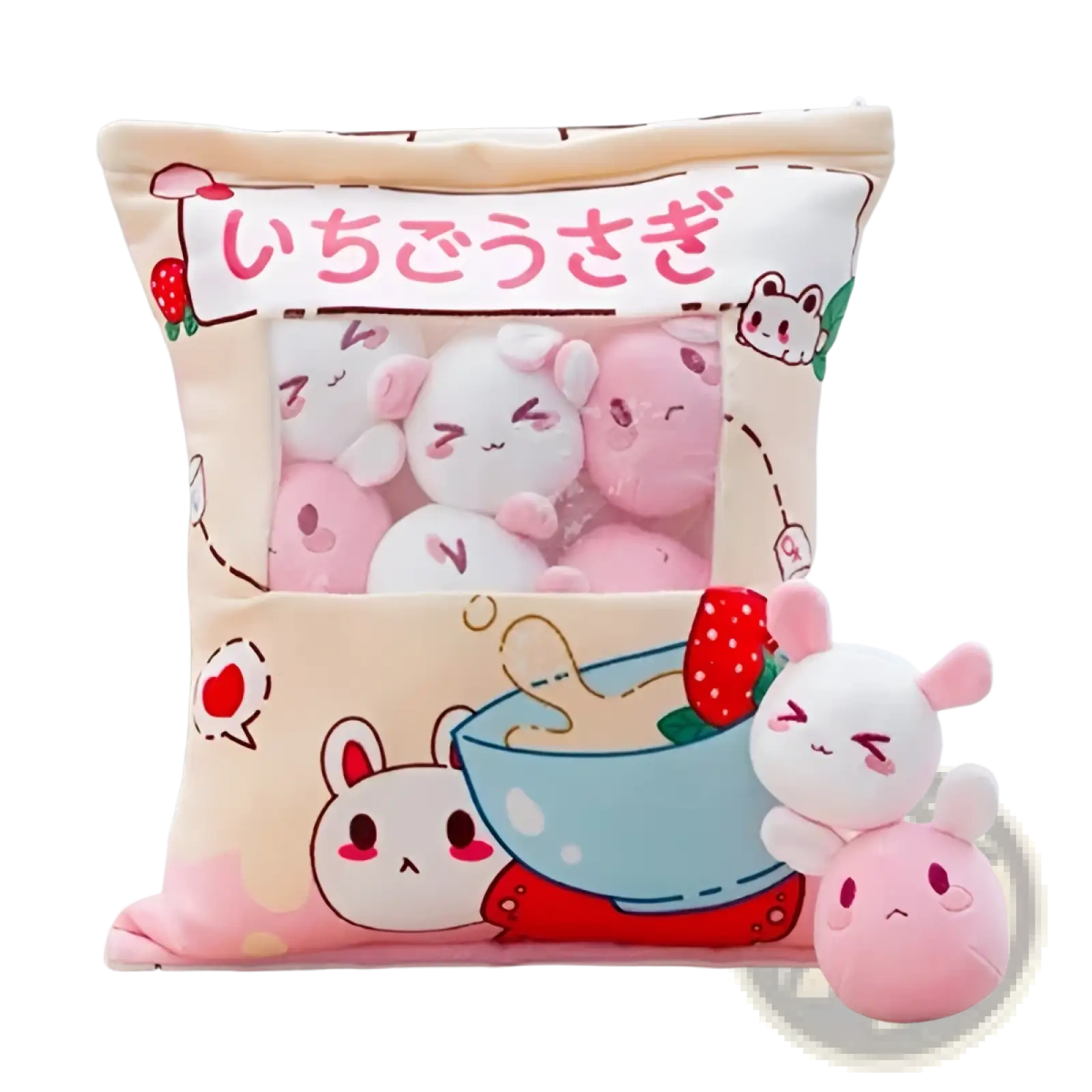 Cute beige plush snack bag pillow with pink and white cartoon rabbits and clear window showing stuffed bunny toys