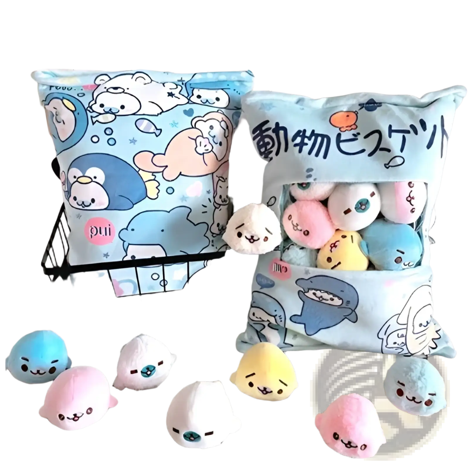 Pastel blue plush snack bag pillow with cartoon sea creatures and a front pocket holding eight colorful stuffed toys