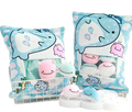 Blue and white whale-themed plush snack bag pillow with transparent front pocket holding eight small stuffed toys