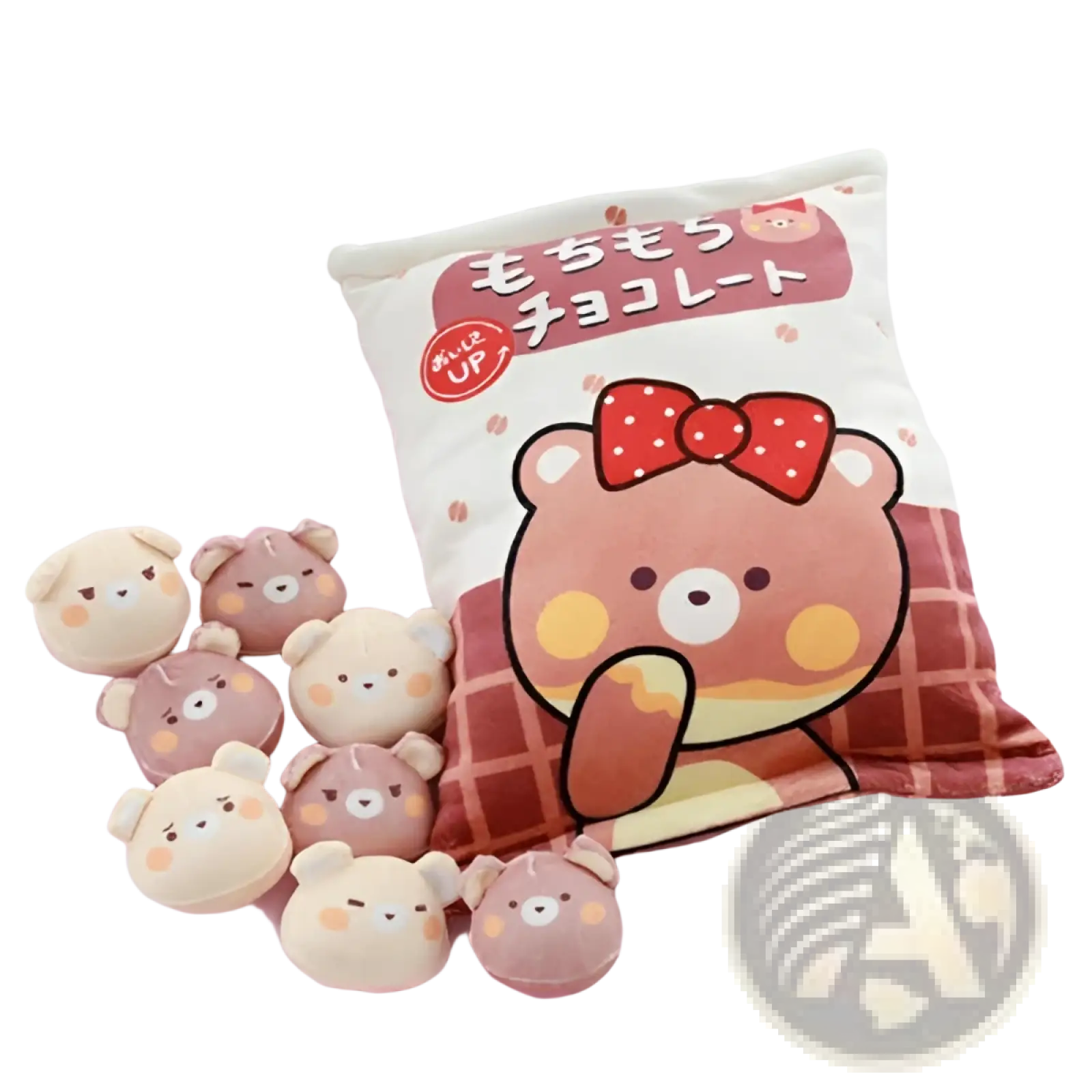 Plush snack bag pillow featuring a cute brown bear plushie with a red polka-dot bow holding chocolate print