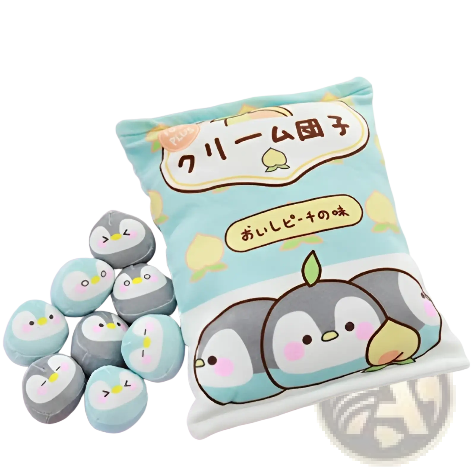 Cute light blue and gray plush penguin snack bag pillow with embroidered Japanese text and 8 piece stuffed toys
