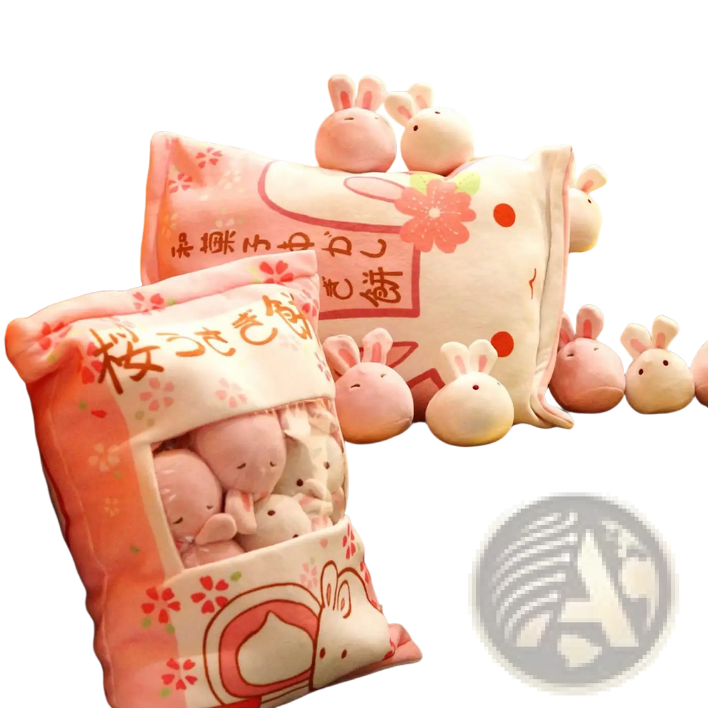 Pink plush snack bag pillow designed as a sakura mochi with cute bunny faces and floral patterns with 8 stuffed toys