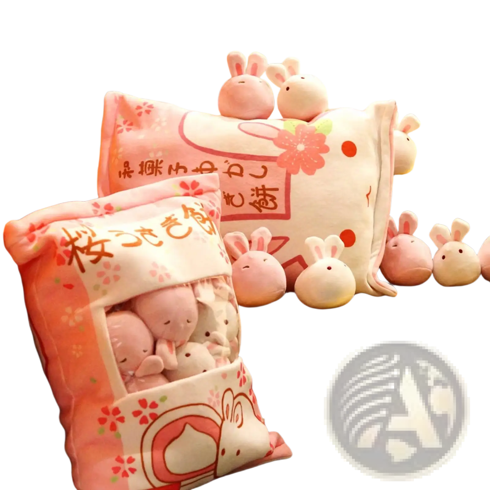 Pink plush snack bag pillow designed as a sakura mochi with cute bunny faces and floral patterns with 8 stuffed toys