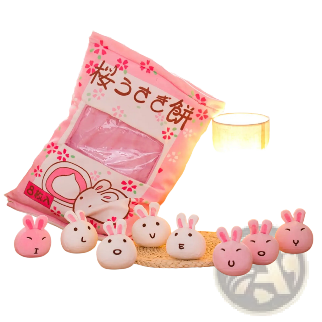 Plush snack bag pillow featuring pink and white plush rabbit-shaped mochi candies with cute facial expressions