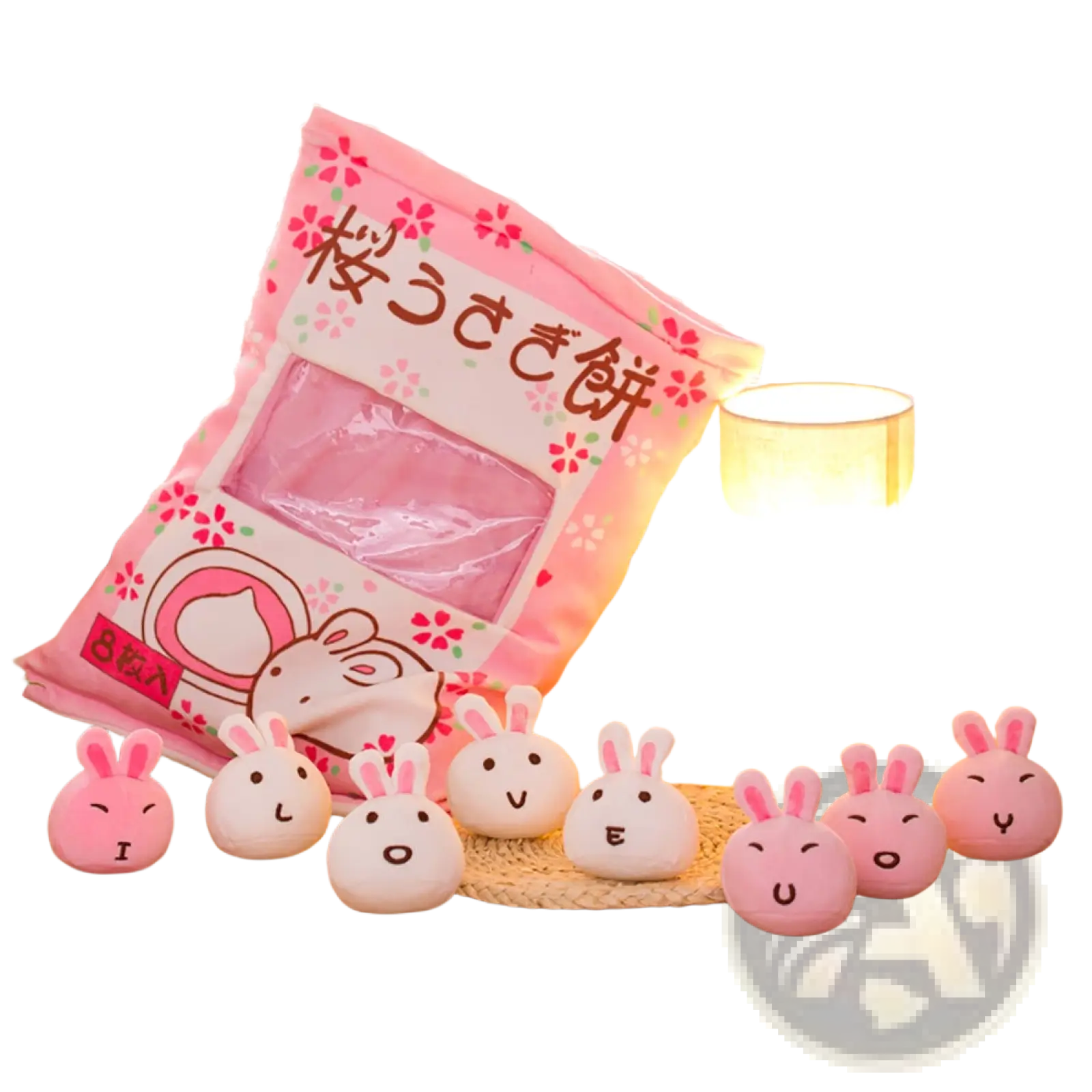Plush snack bag pillow featuring pink and white plush rabbit-shaped mochi candies with cute facial expressions